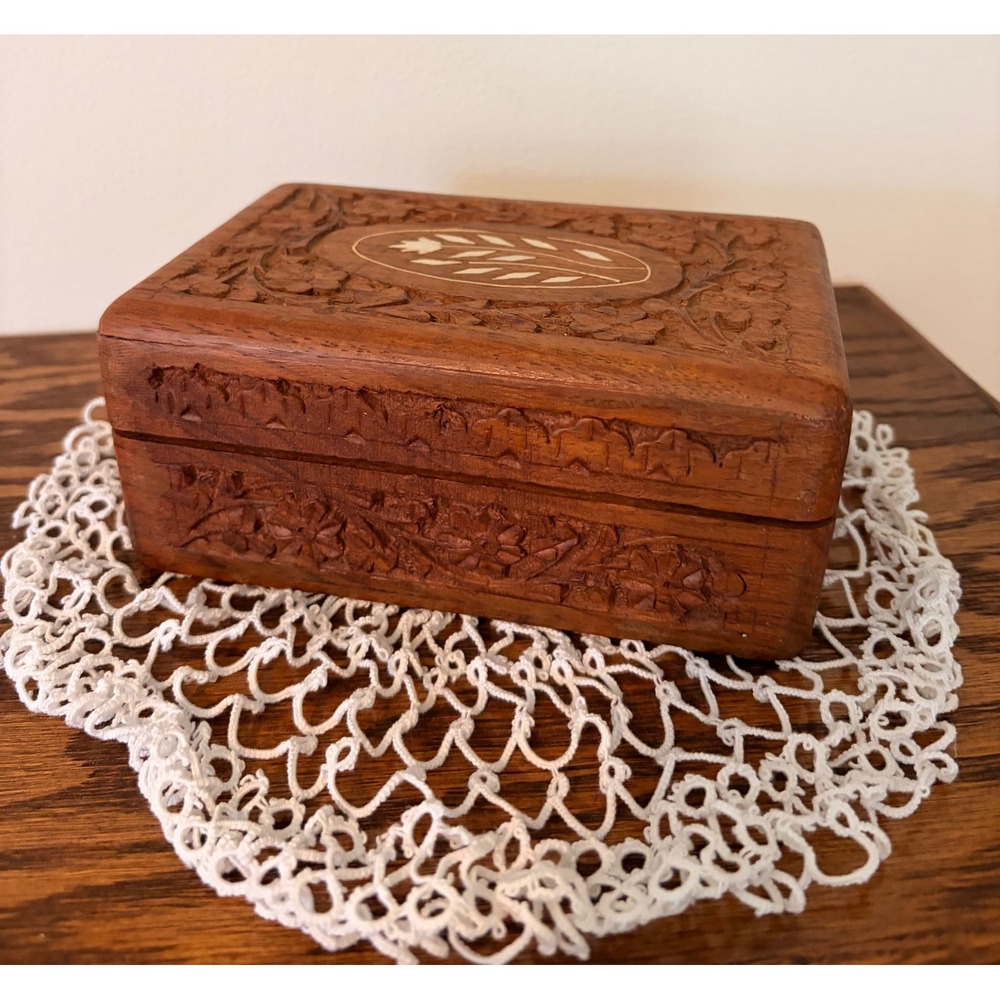 Hand Carved Wood Trinket Box Floral Inlay Blue Velvet Lined Jewelry Chest
